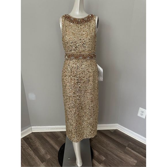 MAC DUGGAL EMBELLISHED SLEEVELESS HIGH NECK MIDI DRESS - Picture 5 of 11